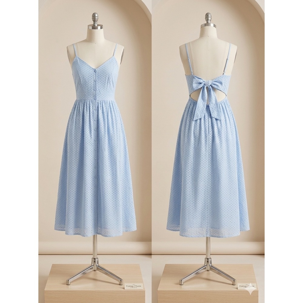 HM 100% Cotton Dress Sz 4 Light Blue Polka Dot Button Front Midi Dress Tie Back